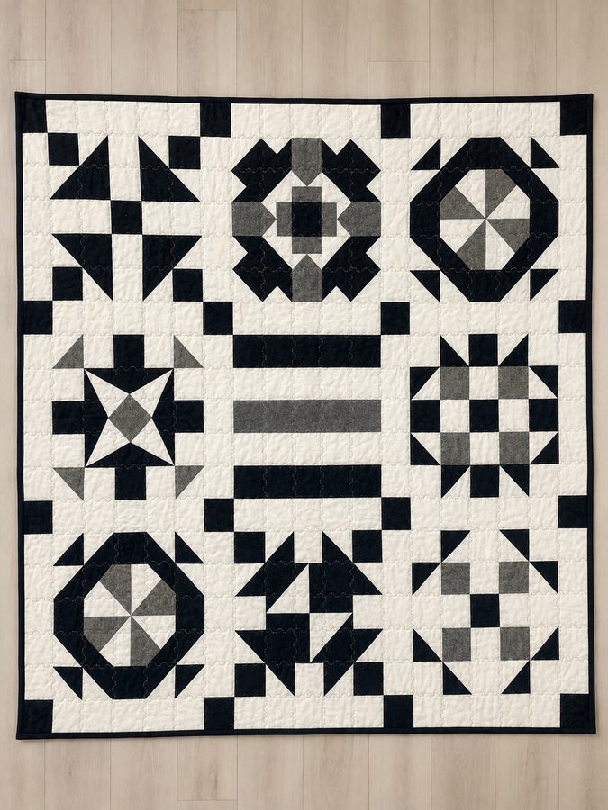 Handmade black, grey and cream patchwork quilt