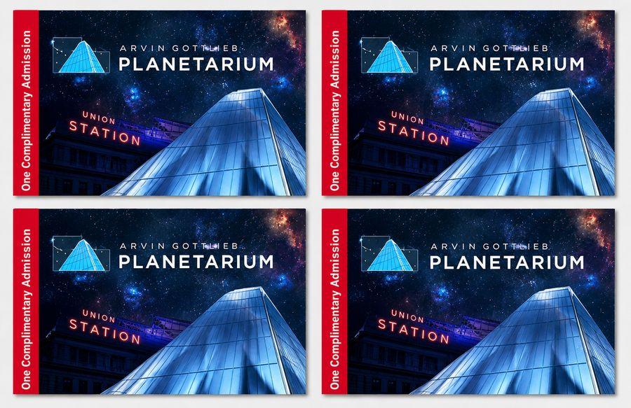Arvin Gottlieb Planetarium at Union Station VIP pass graphic for one complimentary admission, tiled four times