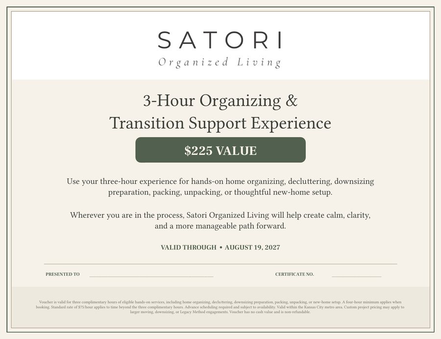 Satori Organized Living voucher for a three hour organizing and transition support experience