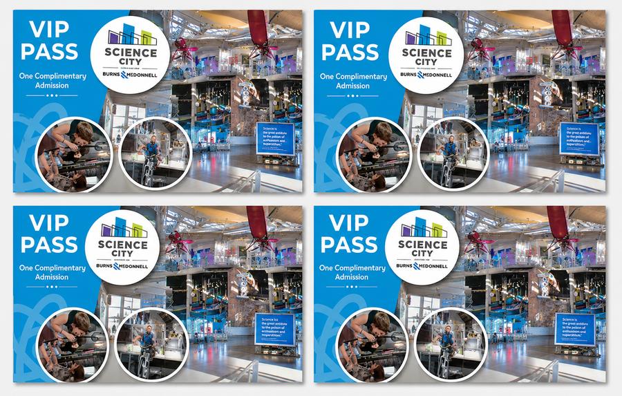 Science City VIP pass graphic for one complimentary admission, tiled four times
