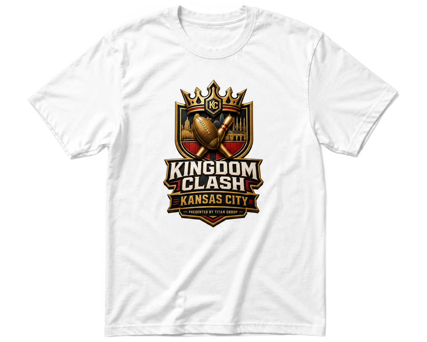 Kingdom Clash event t-shirt, white with the full crest logo printed on the chest